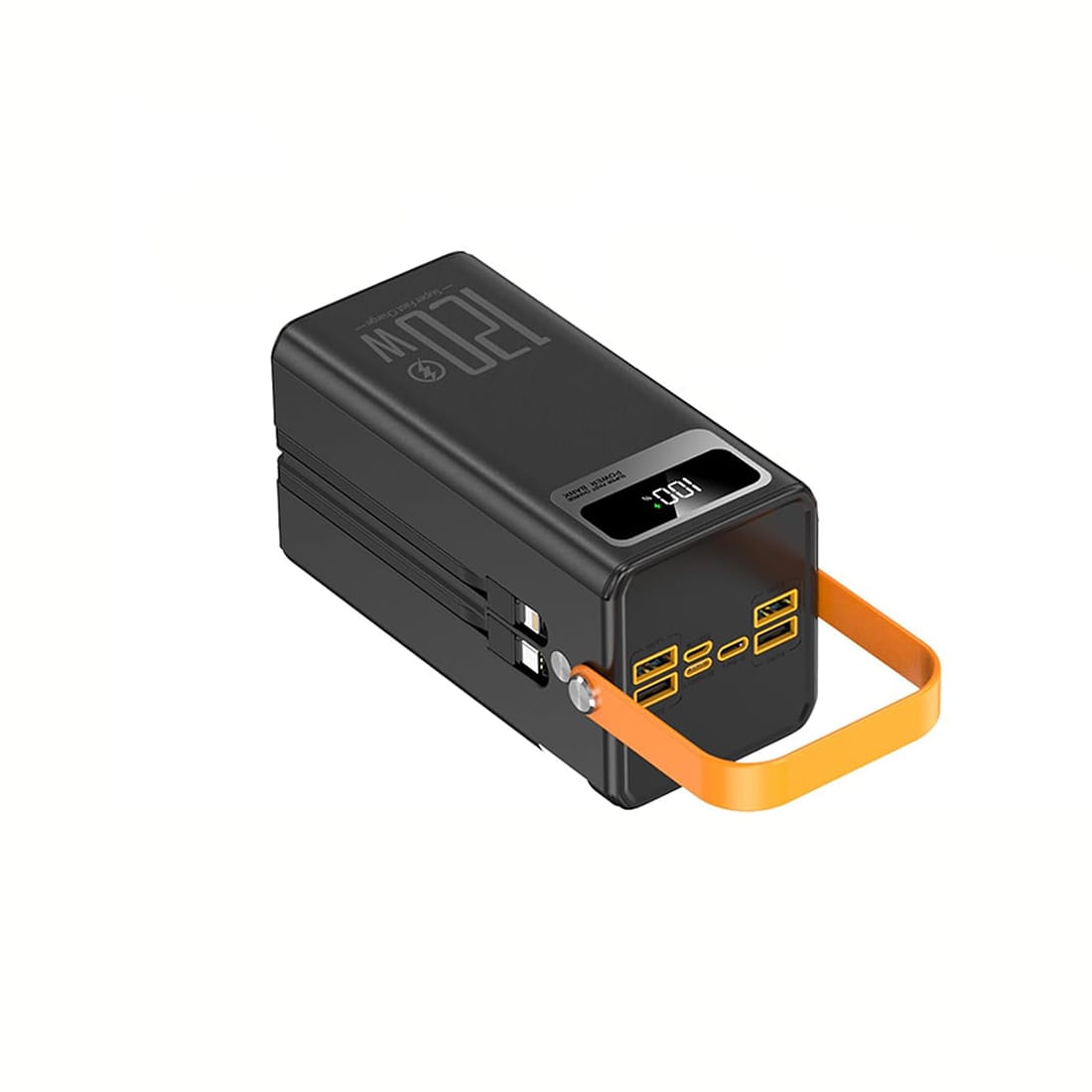 Schwarze Powerbank mit zwei Kabeln, einer digitalen Akkuanzeige, einem gelben Griff und verschiedenen Anschlüssen
