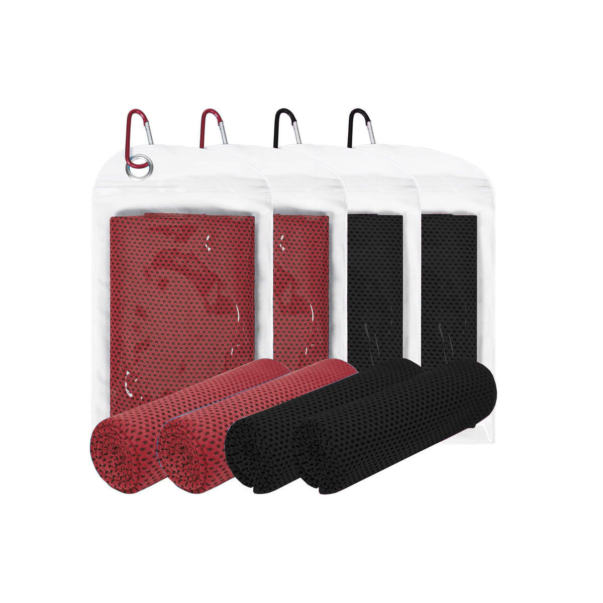 Kühltuch-Set 4-teilig mit Karabiner – Mikrofaser mit Kühleffekt