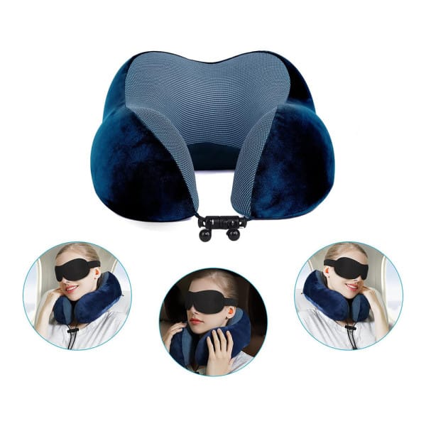 Blaues Reisekissen mit schwarzer Schlafmaske in drei Anwendungsbeispielen