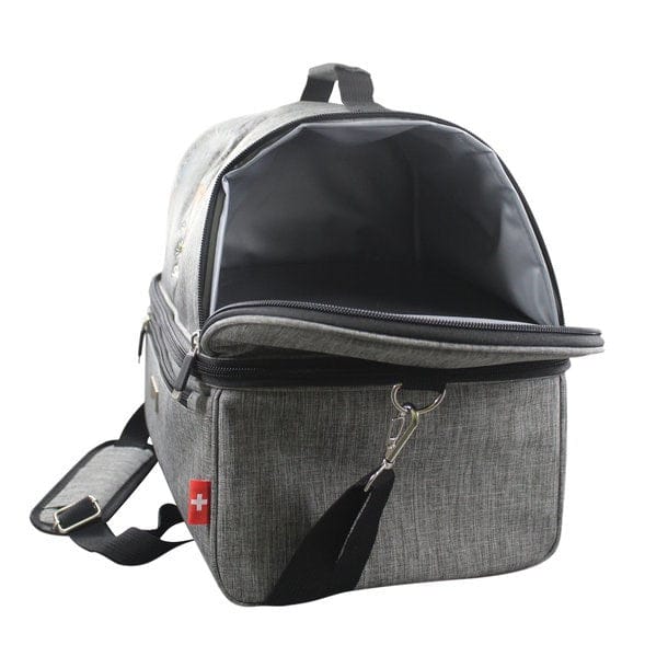 Graue, geöffnete Stoffkühltasche mit Reissverschluss, Schultergurt und Schweizerwappen Design von der Seite
