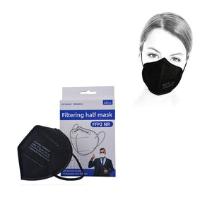 Kartonverpackung neben schwarzer Gesichtsmaske und Person mit Maske