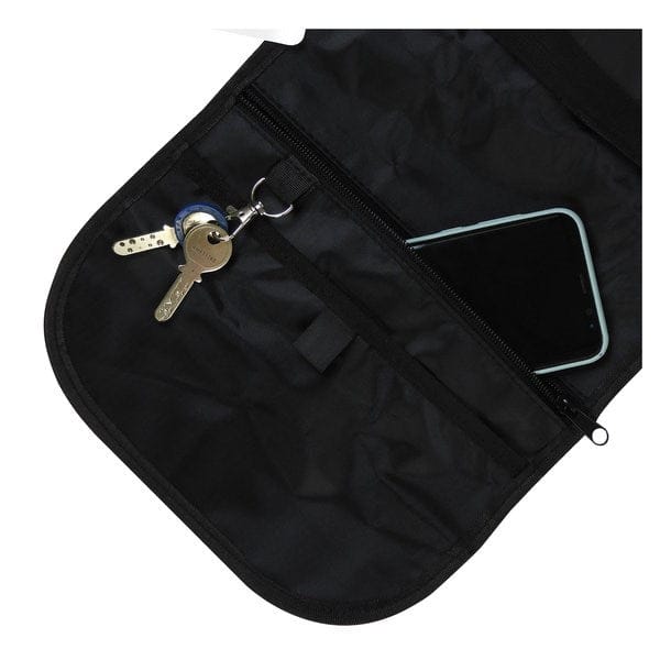 Schwarze Trockentasche von innen mit Schlüsselhalter und Handyfach