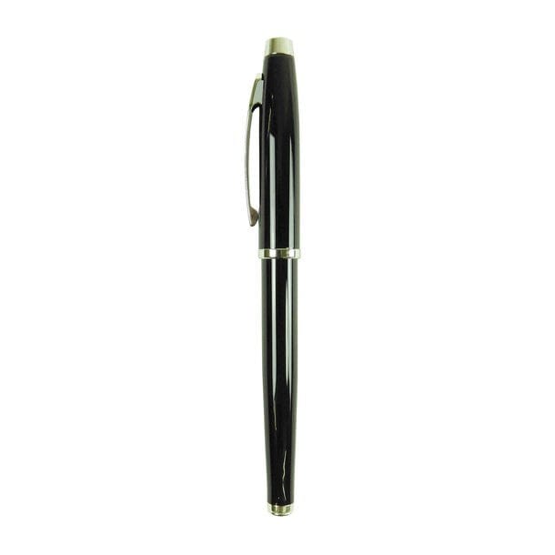 Eleganter, schwarzer Stift mit Deckel und silbernen Details von der Seite