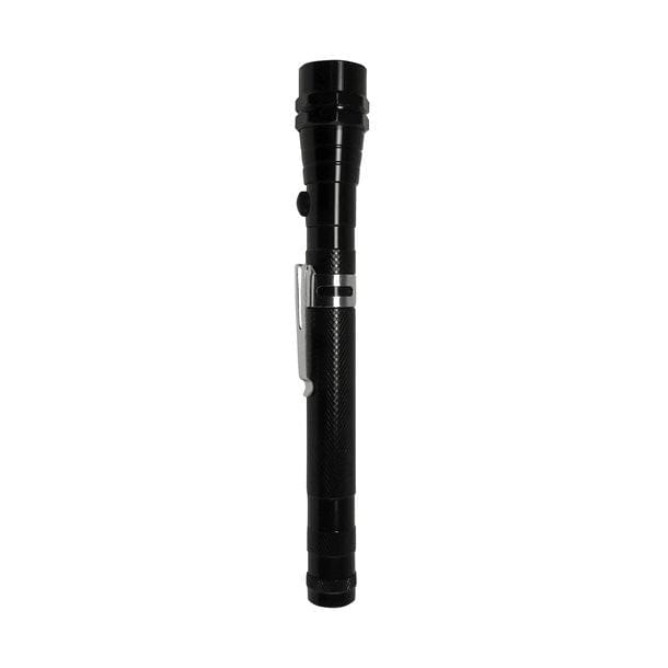 Schwarze, glänzende, ausfahrbare Taschenlampe mit silbernem Clip