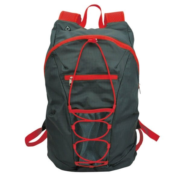 Schwarzer Rucksack mit roten Schultergurten und elastischer Schnürung auf der Vorderseite, inklusive Reißverschlussfach und Netz-Außentasche