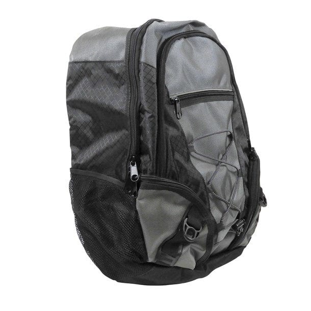 Grauer und schwarzer Rucksack von der Seite mit Reißverschlussfächern und Frontschnürung