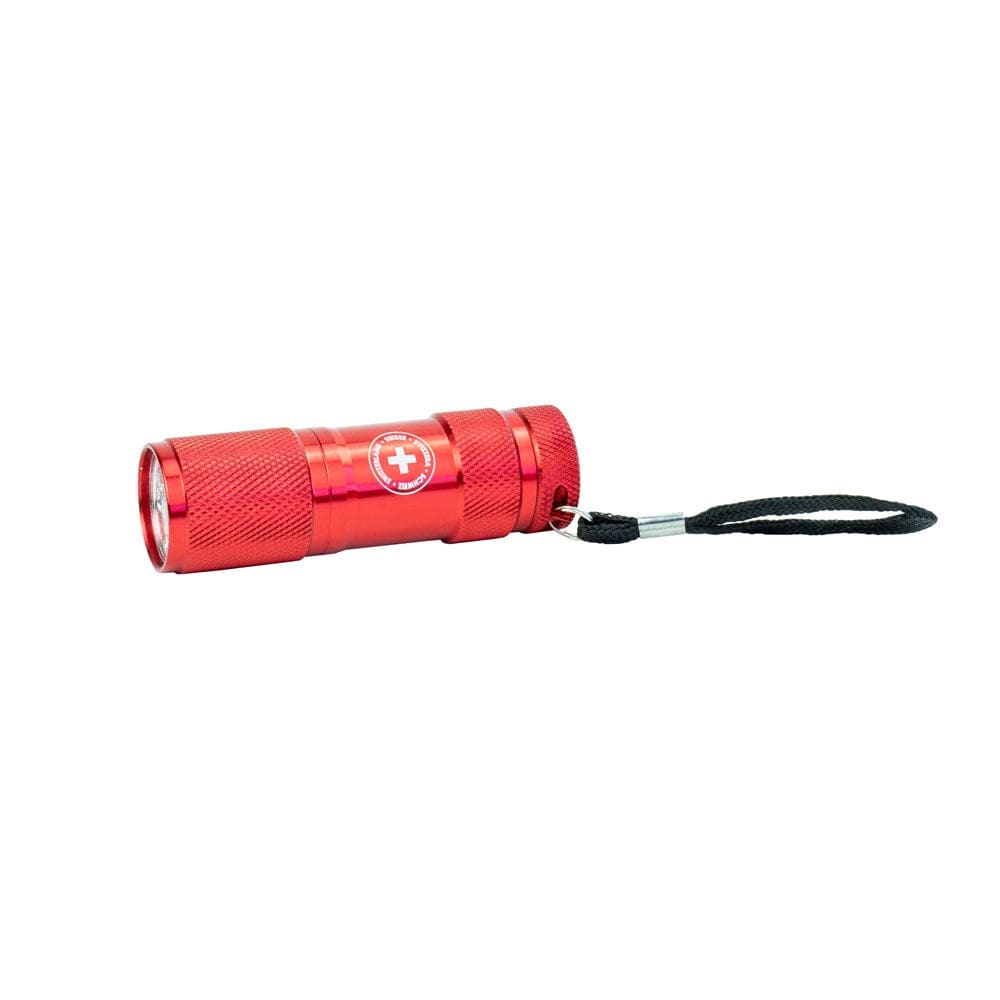 Rote Taschenlampe mit schwarzer Schnur und Schweizerwappen Design von der Seite
