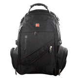 Schwarzer Rucksack mit verschiedenen Fächern und Schweizerwappen Design