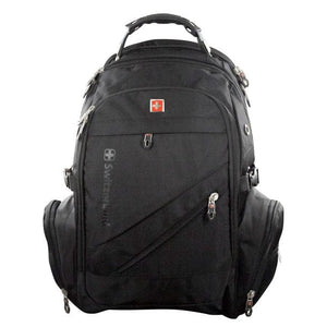 Schwarzer Rucksack mit verschiedenen Fächern und Schweizerwappen Design