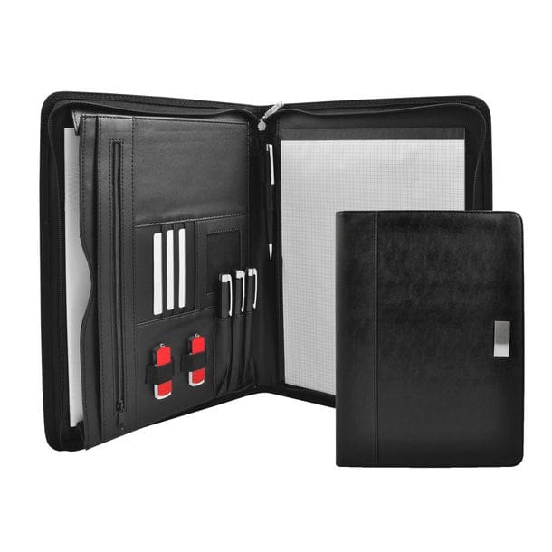 Schwarze Lederkonferenzmappe mit Stiften, Kartenhalter, USB-Sticks, Papierfach und Notizblock