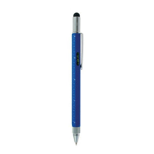 Blauer, multifunktionaler Kugelschreiber mit Massstab, Wasserwage, Schraubenzieher und Touch-Tip