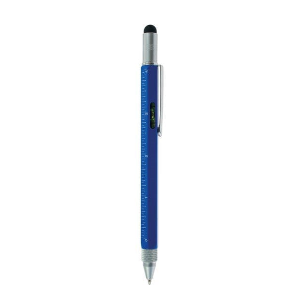 Blauer, multifunktionaler Kugelschreiber mit Massstab, Wasserwage, Schraubenzieher und Touch-Tip