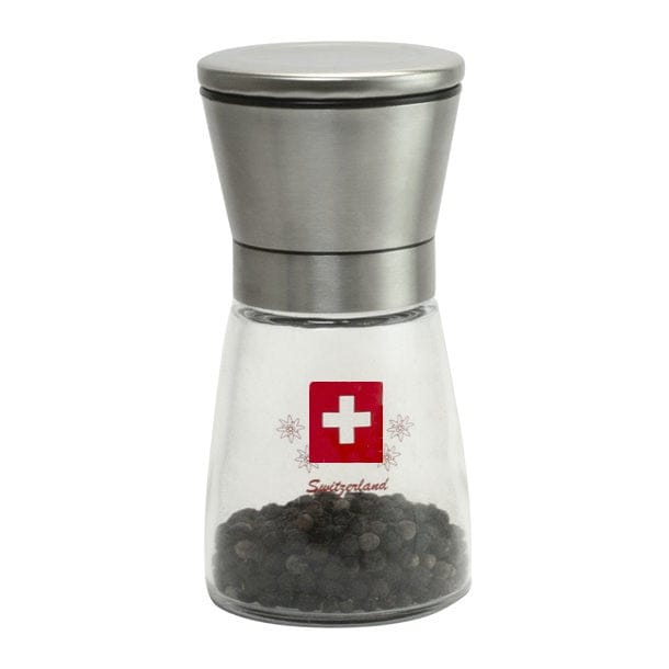 Glas Pfeffermühle mit silbernem Deckel und Schweizerwappen Design