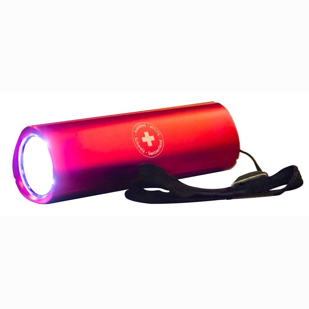 Rote Taschenlampe mit schwarzem Knopf, schwarzem Band und Schweizerwappen Design