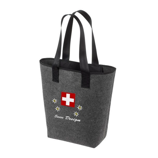 Graue Stofftasche mit schwarzen Henkeln und Schweizerwappen Design