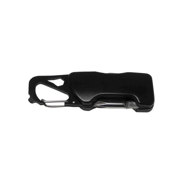 Rückseite von schwarzem Karabiner mit schwarzen und silbernen Details und einer integrierten Taschenlampe
