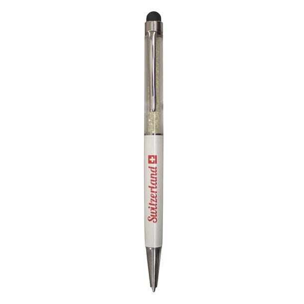 Eleganter, weisser Kugelschreiber mit silbernen Details und einem "Switzerland" Schriftzug