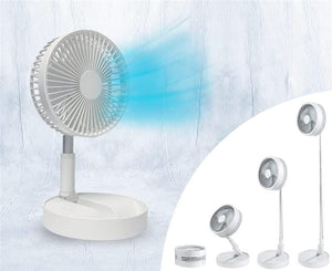 Weisser Tisch- und Standventilator mit Abbildungen der verschiedenen Grösseneinstellungen