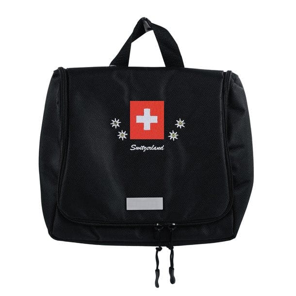 Schwarzes Reise-Necessaire mit Stoffhenkel um es aufzuhängen und einem Schweizerwappen mit einem "Switzerland" Schriftzug