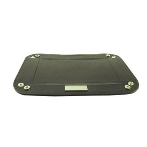 Ausgeklappte, elegante, schwarze Pultschale aus Leder mit goldenem Schild