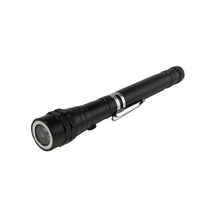 Schwarze, glänzende, ausfahrbare Taschenlampe mit silbernem Clip von der Seite