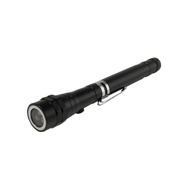 Schwarze, glänzende, ausfahrbare Taschenlampe mit silbernem Clip von der Seite