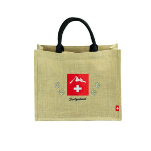 Hellbraune Tragtasche mit schwarzen Henkeln und Schweizerwappen Design