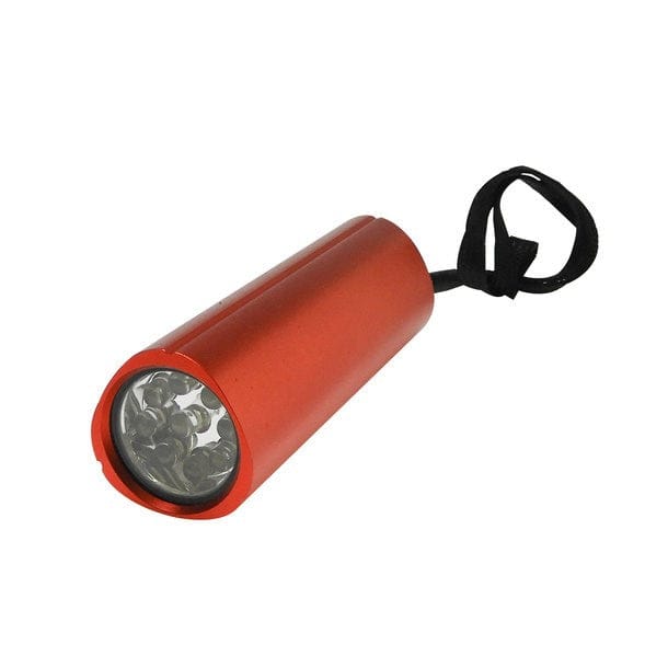 Rote Taschenlampe mit schwarzem Knopf und schwarzem Band