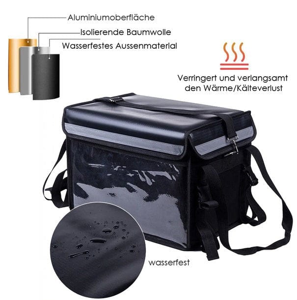 Schwarze Kuriertasche mit Reissverschluss, Schultergurt und Produktdetails