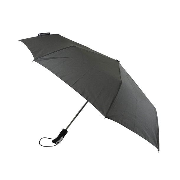 Grauer Regenschirm mit schwarzem Griff und silbernen Stange