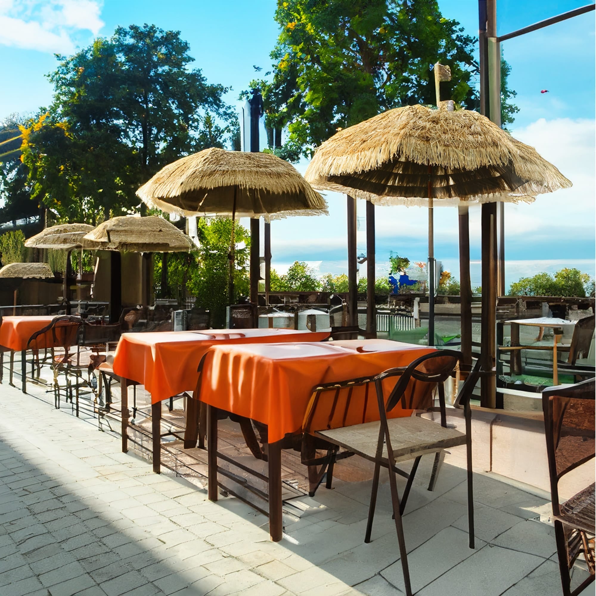 Beiger Sonnenschirm mit Holz Ständer im Hawaii Stil in einem Anwendungsbeispiel in einem Restaurant