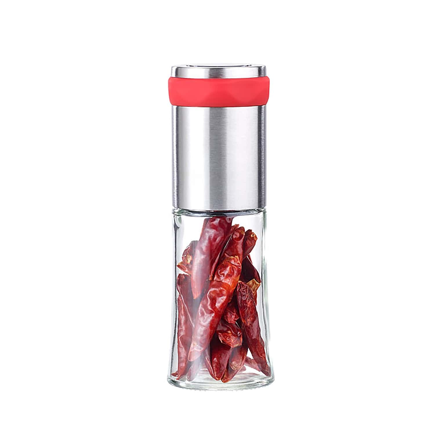 Transparente und silberne Chilimühle mit rotem Rin und Chili