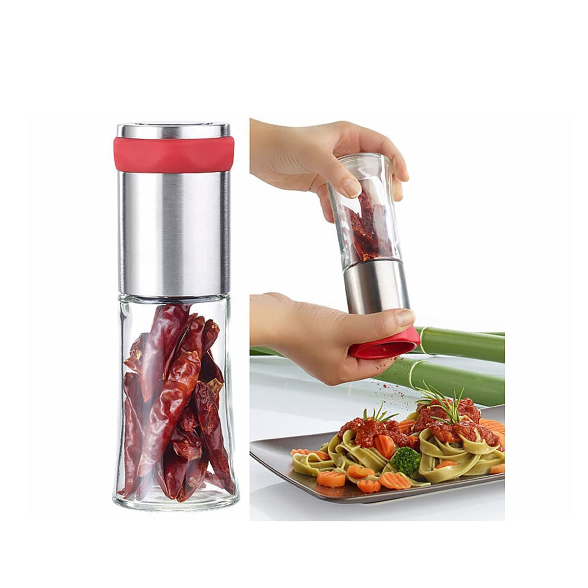 Transparente und silberne Chilimühle mit rotem Ring und Chili in einem Anwendungsbeispiel